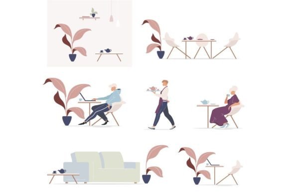 Download People in City Cafe Illustration Set - Cafe illustration Collection